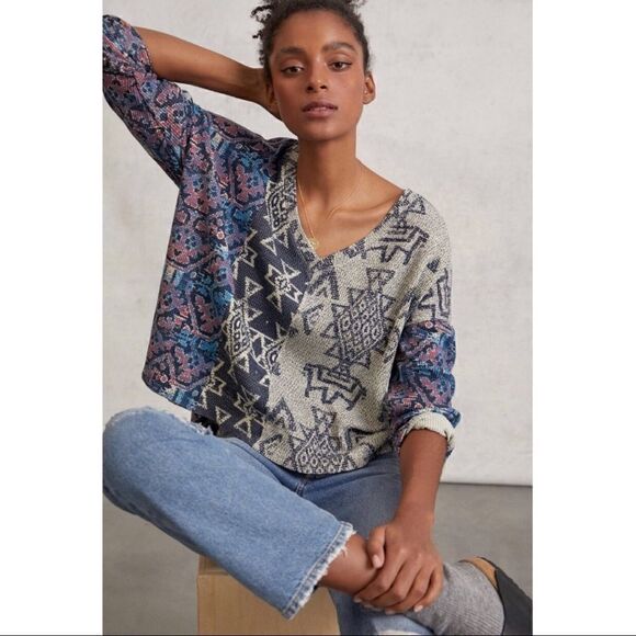 NEW Anthropologie Pilcro Moira Seamed Long-Sleeve V-Neck Pullover Blouse X-Small - Picture 1 of 4